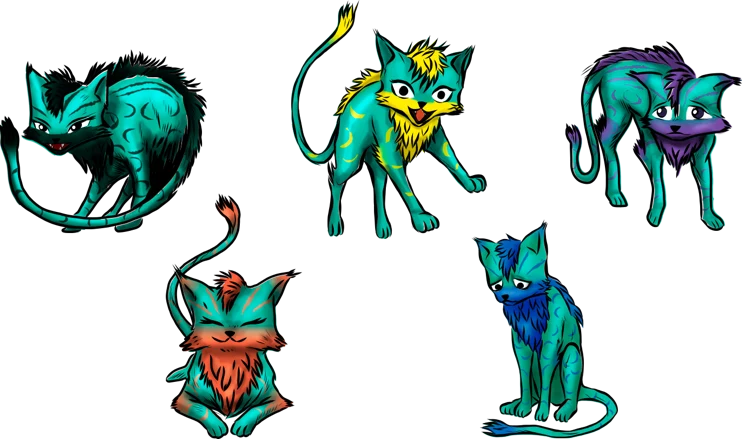 Five kints showing different fur-collar colours